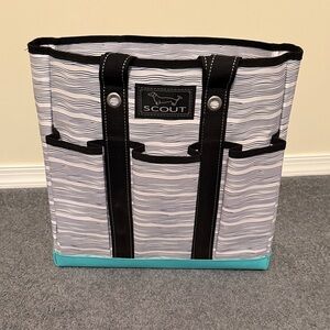Scout Black Trimmed Tote with Turquoise Base and Navy blue wavy lines. NWOT